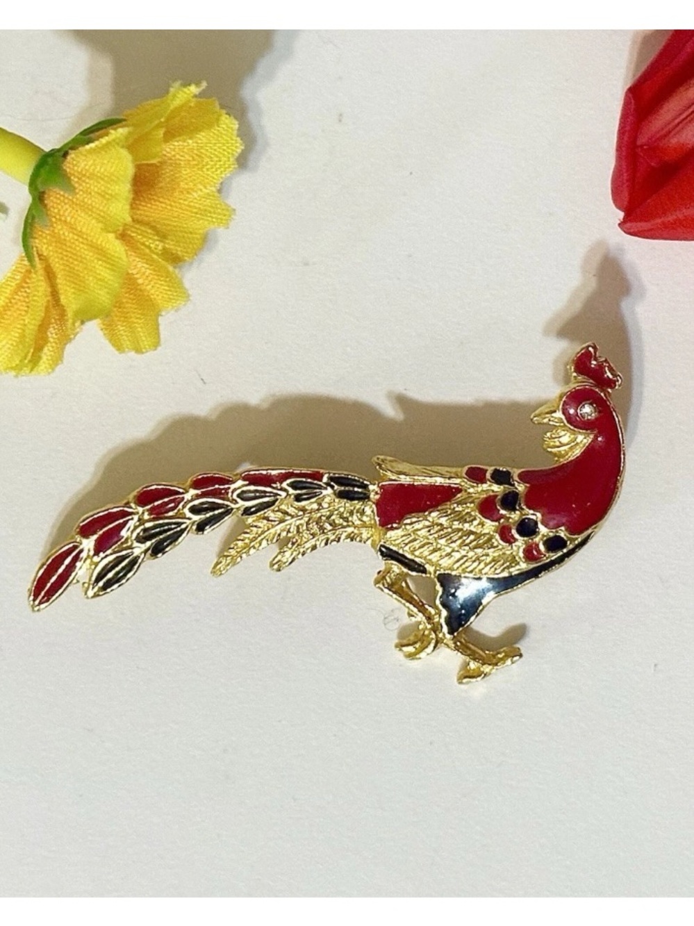 Vintage Peacock Red Black Enamel Rhinestone Gold Brooch-Pheasant Bird Jewelry